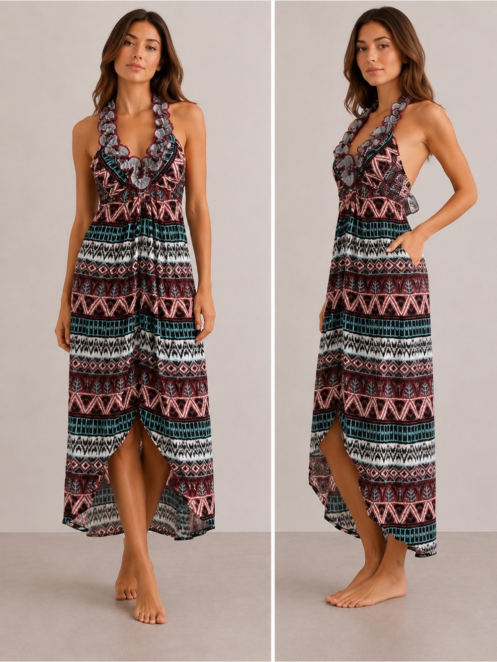 Boho Halter Midi Dress in Teal & Rust